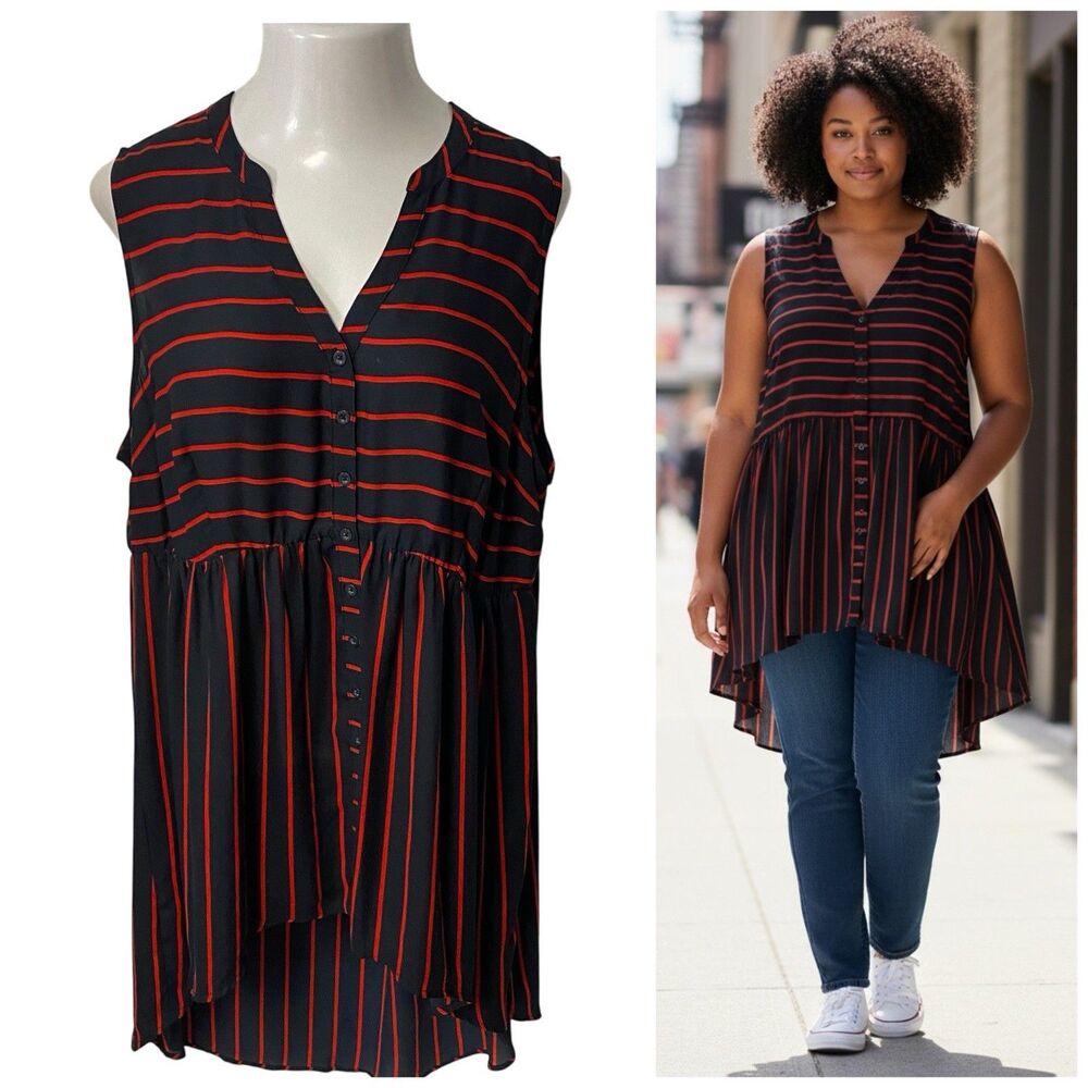 Torrid Top Womens 2x Black Red Stripe Blouse Work Office Corpcore Shirt Summer